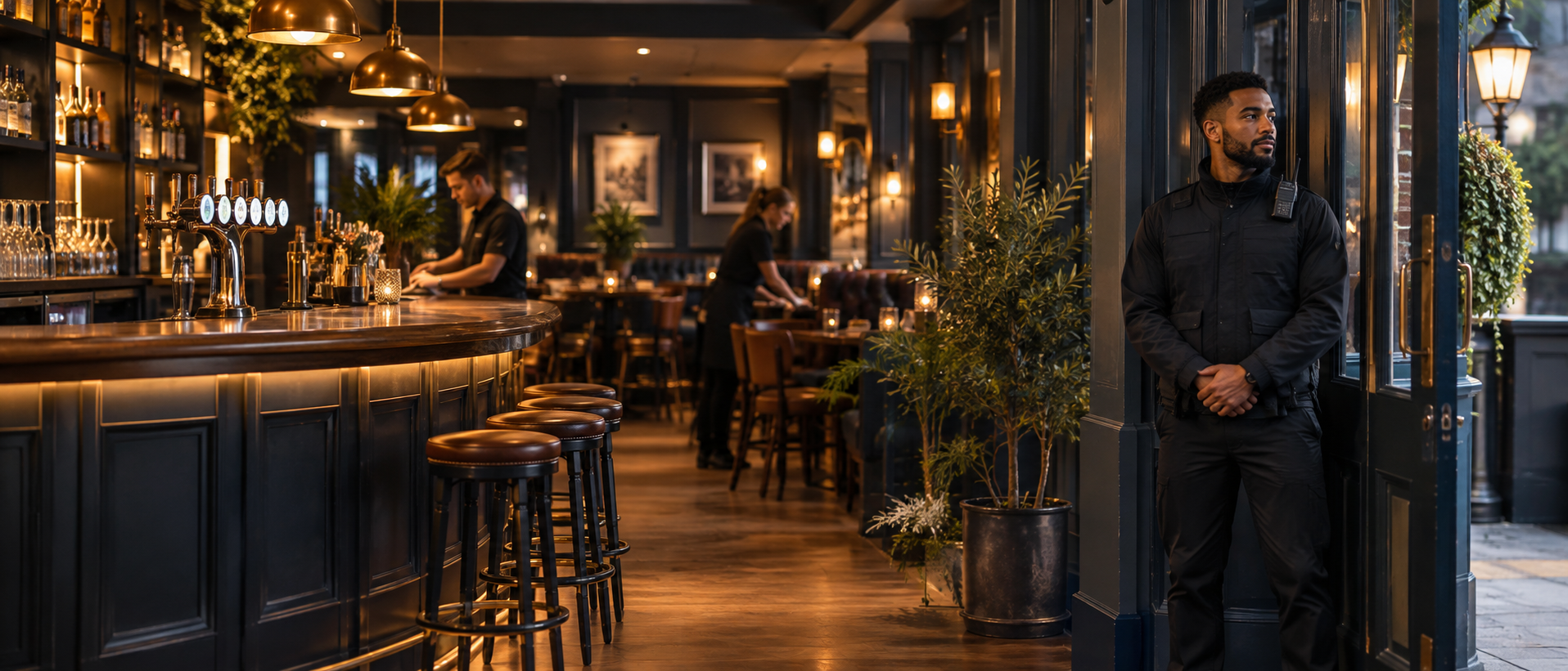 A welcoming prepared pub with a professional security officer at the entrance